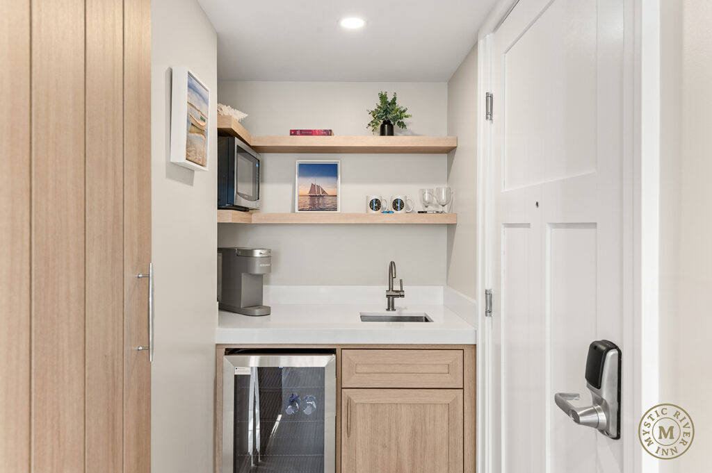 Schooner Suite kitchenette area at Mystic River Inn.